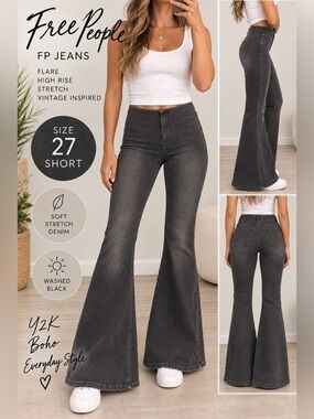 Free People Penny Pull On Flare Jeans Washed Black Size 27 Short Bell Bottoms